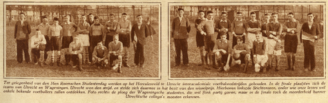 873885 Collage van 2 foto's betreffende de interacademiale voetbalwedstrijden, gehouden tijdens de 16e Roomse ...